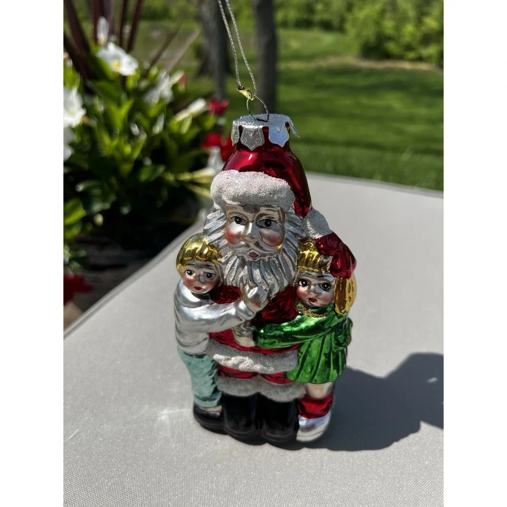 Vintage Christmas Ornament European Style Hand Crafted Glass Santa Hugging Kids‎